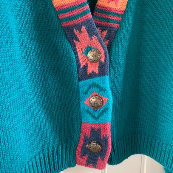 Nuovo Vintage Womens Teal Aztec Print V Neck Button Cardigan Ramie Cotton Blend - Picture 2 of 6